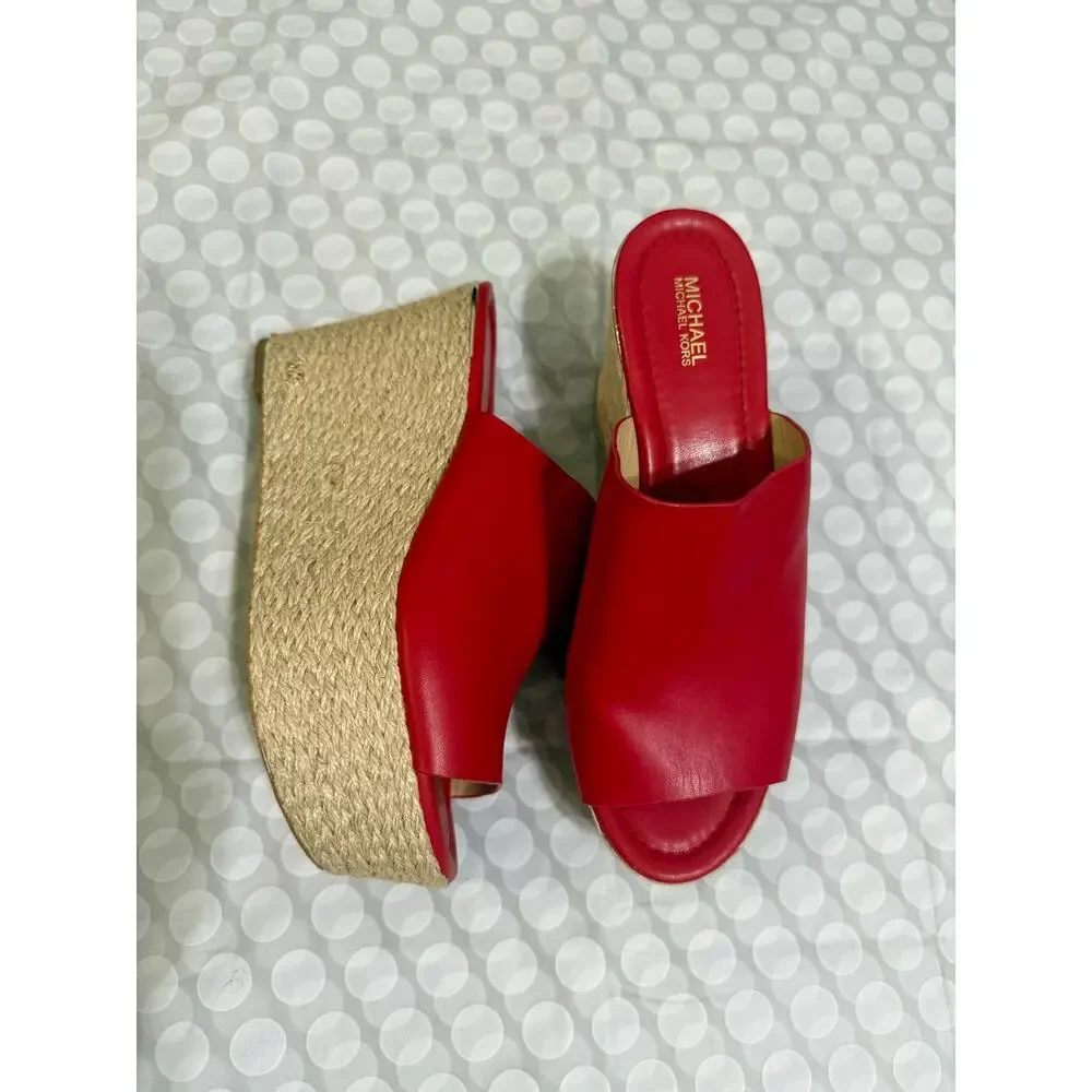 Michael Kors Red Leather Wedge Mule Sandals Espadrille Platform Women’s 8M